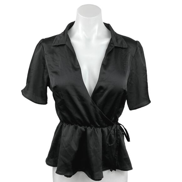 Asos Design Black Deep V Collared Short Sleeve Tie Wrap Peplum Blouse Top Size 4 - Picture 1 of 3